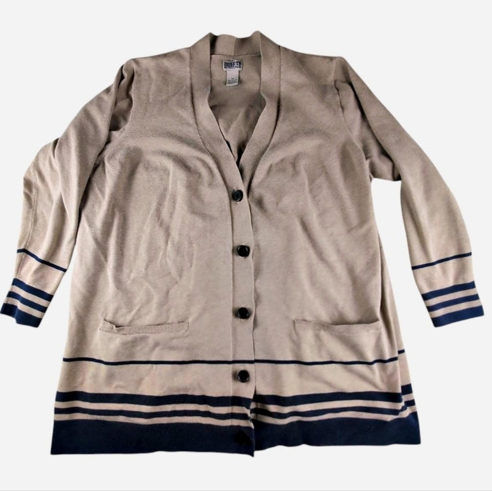Duluth Trading Company Cream Cardigan with‎ Navy Stripes Size 3XL